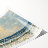 Rolled print showcasing a vibrant beach landscape design with soft blues and sandy tones, perfect for home decor. Packaged securely in a cardboard tube for protection.