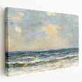 Stretched canvas wall art showcasing a serene beach landscape with vibrant colors, perfect for home decor. Side view reveals the canvas depth and design quality.