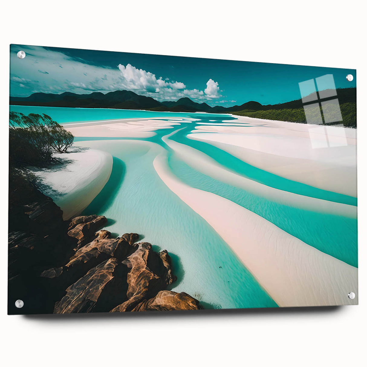 Acrylic wall art collection showcasing a vibrant beach landscape design, presented in a side view with decorative pins for easy display. Ideal for coastal-themed decor.
