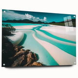 Acrylic wall art collection showcasing a vibrant beach landscape design, presented in a side view with decorative pins for easy display. Ideal for coastal-themed decor.