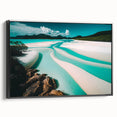 Framed canvas wall art showcasing a serene beach landscape with vibrant colors, designed for modern decor, featuring a sleek black frame side view. Perfect for home or office.