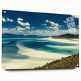 Acrylic glass wall art collection showcasing a serene beach landscape design, displayed from a side view with decorative pins, perfect for modern home décor.