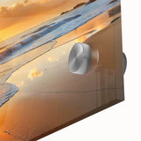 Close-up of a vibrant acrylic wall art piece showcasing a serene beach landscape with turquoise waters and golden sands, ideal for home decor.