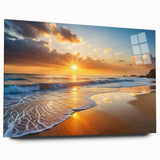 Acrylic glass wall art collection depicting serene beach landscapes, showcasing vibrant colors and intricate details, designed for modern home decor.