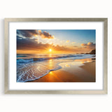 Framed wall art collection showcasing serene beach landscapes in silver matting, perfect for enhancing home decor with a coastal vibe. The piece captures tranquil ocean views and vibrant sunsets, ideal for beach lovers and interior design enthusiasts.