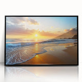 Framed acrylic wall art showcasing a serene beach landscape design, featuring vibrant blues and sandy tones, ideal for modern home decor.