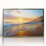 Framed acrylic wall art showcasing a serene beach landscape with golden accents, designed to elevate home decor and evoke a sense of tranquility.
