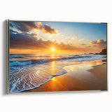 Framed canvas wall art showcasing a serene beach landscape with vibrant colors, silver frame, and a modern design, perfect for home decor enhancement.