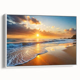 Framed canvas wall art showcasing a serene beach landscape, featuring soft blues and sandy tones, perfect for adding a coastal vibe to home decor.