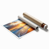 Vibrant rolled print showcasing a serene beach landscape with soft waves and golden sand, designed for wall art decor, highlighting tranquil coastal beauty.