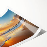 Vibrant rolled print of a serene beach landscape featuring turquoise waters and golden sands, designed for wall art decor, elegantly packaged in a protective tube.