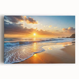 Stretched canvas wall art showcasing a vibrant beach landscape with soft waves, golden sand, and a clear blue sky, perfect for coastal home decor.