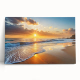 Stretched canvas wall art showcasing a serene beach landscape, with soft pastel colors and gentle waves, perfect for home decor and relaxation themes.