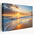 Stretched canvas wall art showcasing a vibrant beach landscape design with warm colors, perfect for adding a serene coastal vibe to home decor.