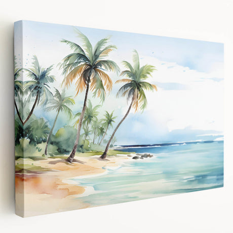 Stretched canvas wall art showcasing a scenic beach landscape design with vibrant colors and intricate details, perfect for home decor or coastal themes.