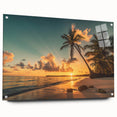 Side view of a modern acrylic glass wall art piece depicting a serene beach landscape, featuring vibrant colors and intricate details, elegantly mounted with pins for display.