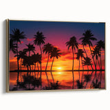 Framed canvas wall art featuring a serene beach landscape with golden hues, perfect for home decor. The design showcases gentle waves and a tranquil sky.