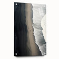 Acrylic glass wall art featuring a serene beach landscape design, displayed from a side view with decorative pins, showcasing vibrant colors and tranquil scenery. This piece adds a calming touch to any room.