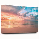 Acrylic glass wall art collection showcasing a serene beach landscape design, featuring vibrant colors and a side view display, perfect for modern home decor.
