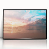 Framed wall art collection showcasing a serene beach landscape design with vibrant colors, set in a sleek black frame, perfect for home decor.