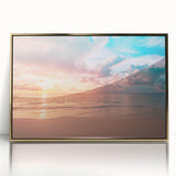 Framed acrylic wall art showcasing a stunning beach landscape design with vibrant colors and a gold frame, perfect for home decor or office aesthetics.