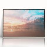 Framed acrylic wall art showcasing a serene beach landscape with vibrant blues and sandy hues, perfect for enhancing coastal-themed decor in living spaces.