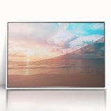 Framed wall art collection showcasing a serene beach landscape with vibrant colors, presented in a sleek white frame, perfect for home decor.