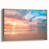 Framed wall art collection depicting serene beach landscapes, featuring vibrant colors and a sleek gold frame, ideal for enhancing modern home decor.