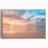 Stretched canvas wall art featuring a serene beach landscape with vibrant colors, ideal for home decor in coastal-themed settings. The artwork captures the tranquility of ocean waves and soft sandy shores, perfect for creating a relaxing atmosphere.
