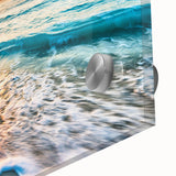 Close-up of a stunning acrylic glass wall art piece showcasing a vibrant beach landscape design, featuring vivid colors and intricate details, perfect for coastal decor.