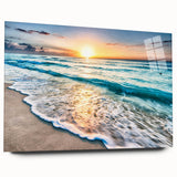 Acrylic glass wall art piece showcasing a vibrant beach landscape design in a side view presentation, ideal for home decor and interior design aesthetics.