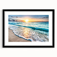 Framed wall art collection showcasing serene beach landscapes with a black mat and frame, perfect for enhancing home decor with coastal vibes.