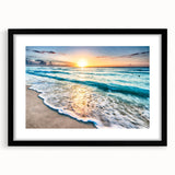 Framed wall art collection showcasing serene beach landscapes with a black mat and frame, perfect for enhancing home decor with coastal vibes.