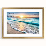 Elegant framed wall art collection featuring serene beach landscapes with gold accents and a stylish mat, enhancing any coastal-themed decor.