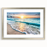 Framed wall art collection showcasing a serene beach landscape with vibrant colors, silver matting, and elegant design, perfect for enhancing home decor.