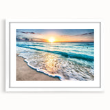 Framed wall art showcasing a serene beach landscape with soft waves and golden sand, presented in a white frame with a mat, ideal for coastal decor.
