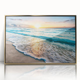 Framed wall art collection featuring a stunning beach landscape design with vibrant colors and a gold-acrylic front, ideal for adding elegance to home decor.