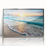 Framed acrylic wall art featuring a serene beach landscape design with vibrant colors, showcasing gentle waves and a clear sky, perfect for home decor.