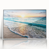 Framed wall art featuring a serene beach landscape with vibrant colors and intricate details, perfect for home decor, displayed with a white frame and acrylic cover.