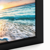 Framed canvas close-up of a vibrant beach landscape wall art collection featuring vivid blues and sandy tones, perfect for coastal décor enthusiasts.
