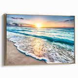 Framed canvas wall art collection showcasing a serene beach landscape with vibrant colors and a luxurious gold frame, ideal for enhancing home decor.