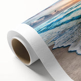 Vibrant rolled canvas showcasing a serene beach landscape design with soft blue and sandy hues, ideal for home decor, delivered in a protective cardboard tube.