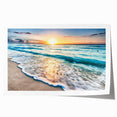 Colorful beach landscape wall art print showcasing vibrant sunset hues over gentle waves and sandy shores, ideal for home decor and coastal-themed interiors.