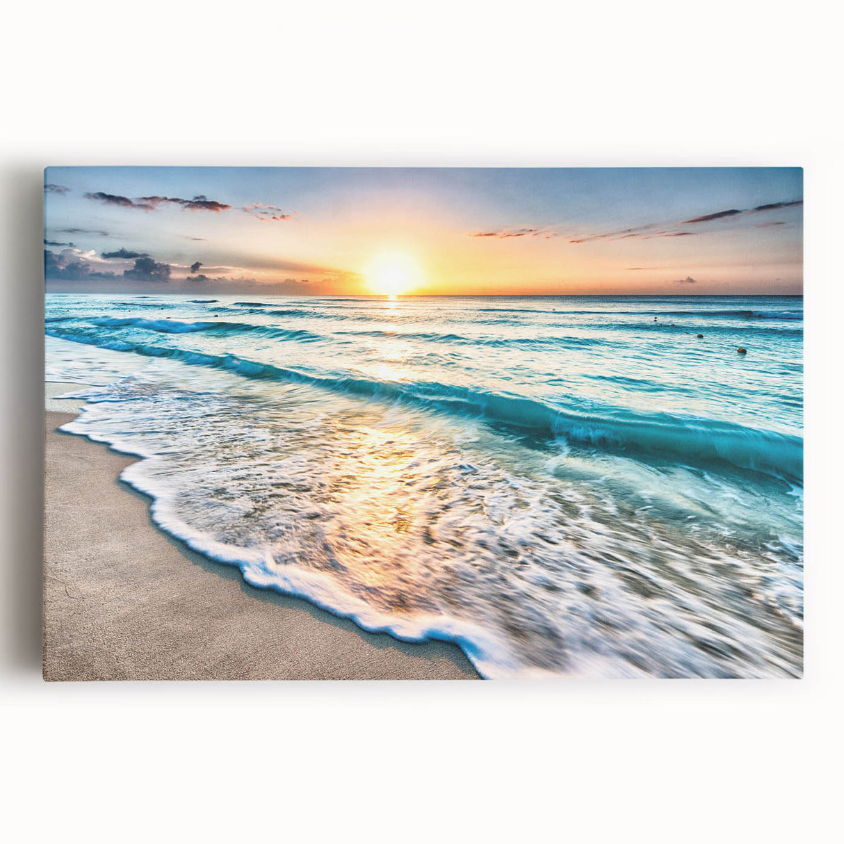 Stretched canvas wall art showcasing a vibrant beach landscape scene, featuring vivid blues and greens, perfect for home decor or coastal-themed interiors.