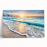 Stretched canvas artwork showcasing a serene beach landscape with vibrant colors, perfect for home decor. Ideal for creating a calming ambiance in living spaces.