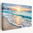 Close-up of a stretched canvas showcasing a serene beach landscape design, featuring vibrant colors and textured details, ideal for home decor enhancement.