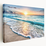 Close-up of a stretched canvas showcasing a serene beach landscape design, featuring vibrant colors and textured details, ideal for home decor enhancement.