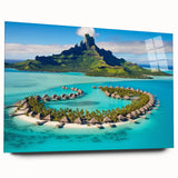 Acrylic glass artwork showcasing a vibrant beach landscape design, elegantly displayed from a side view without pins, perfect for home decor enthusiasts.