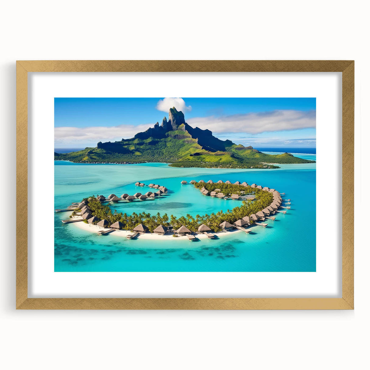 Framed wall art collection showcasing serene beach landscapes with a gold mat and frame, adding elegance to home decor. Perfect for coastal-themed interiors.