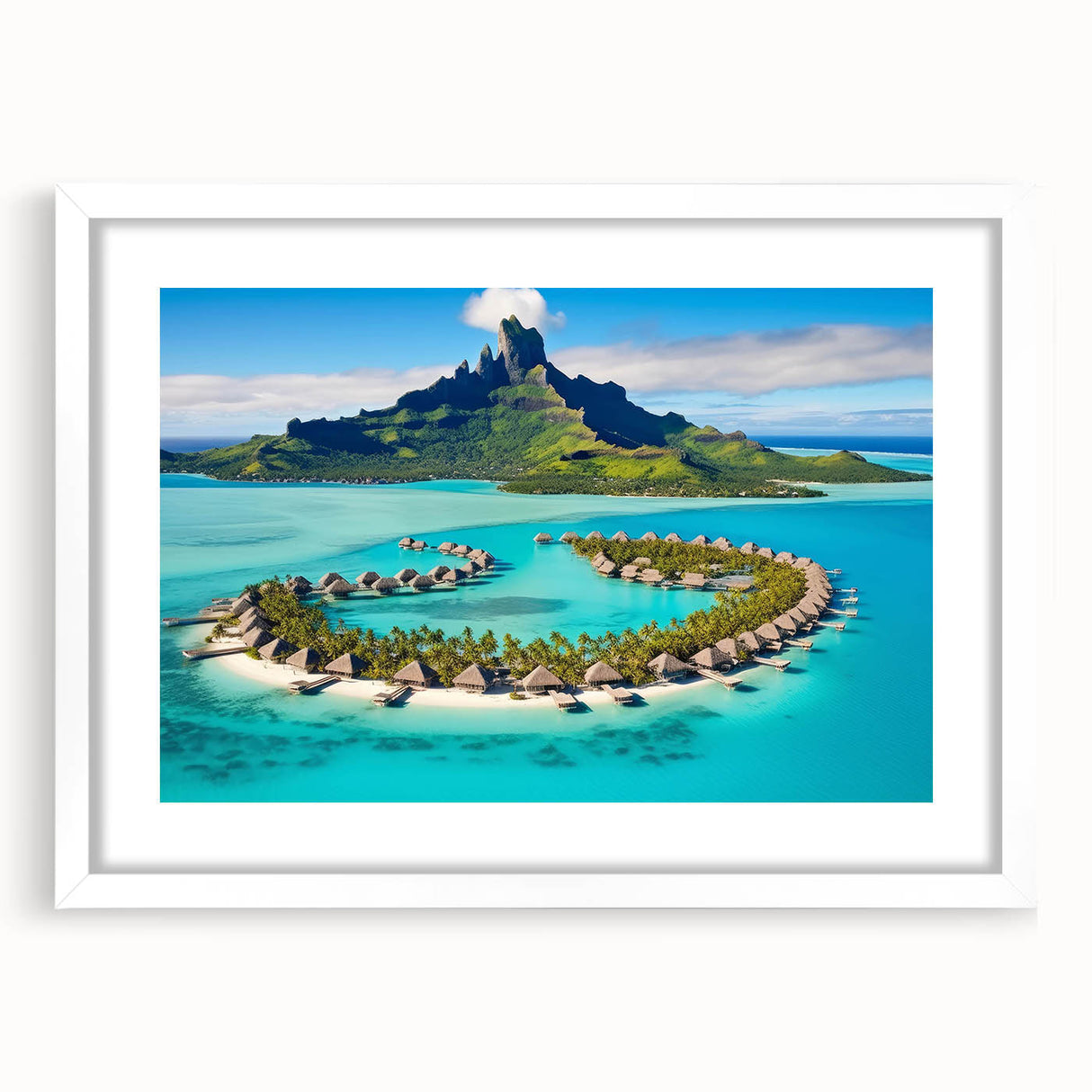 Framed wall art showcasing a serene beach landscape design with vibrant colors and a white mat, perfect for adding a coastal touch to any room decor.